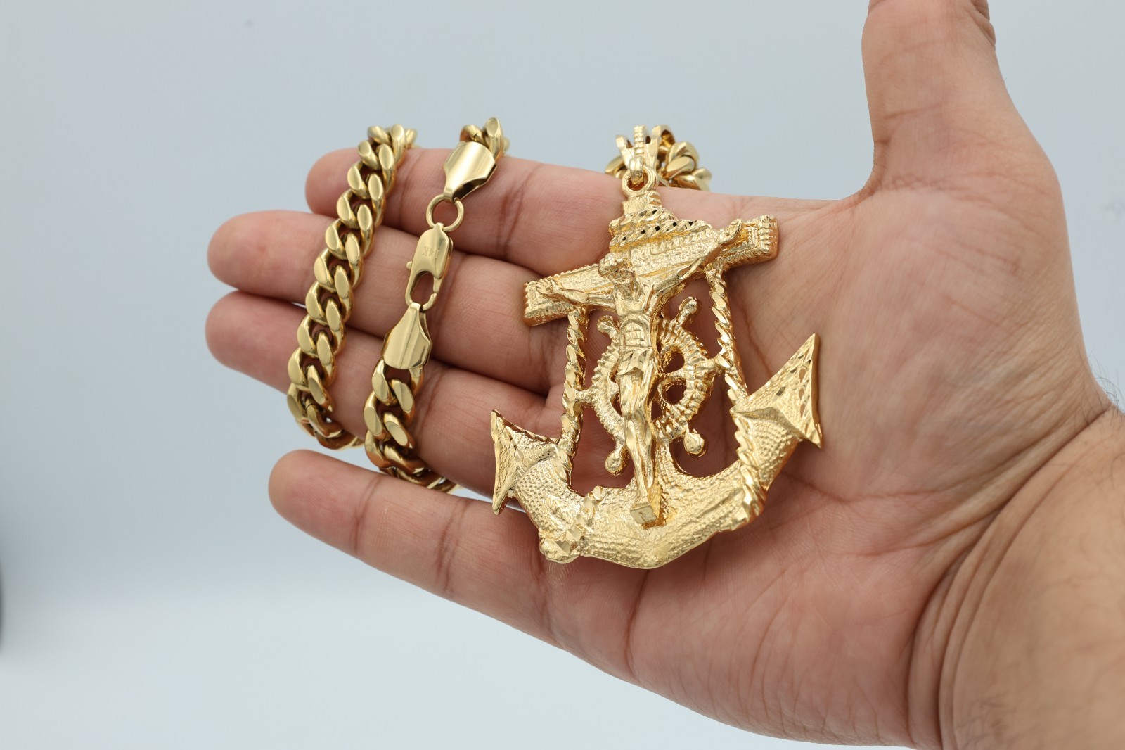 Large Gold Anchor Jesus Necklace 10mm Cuban Chain 14K Heavy Plated Gold