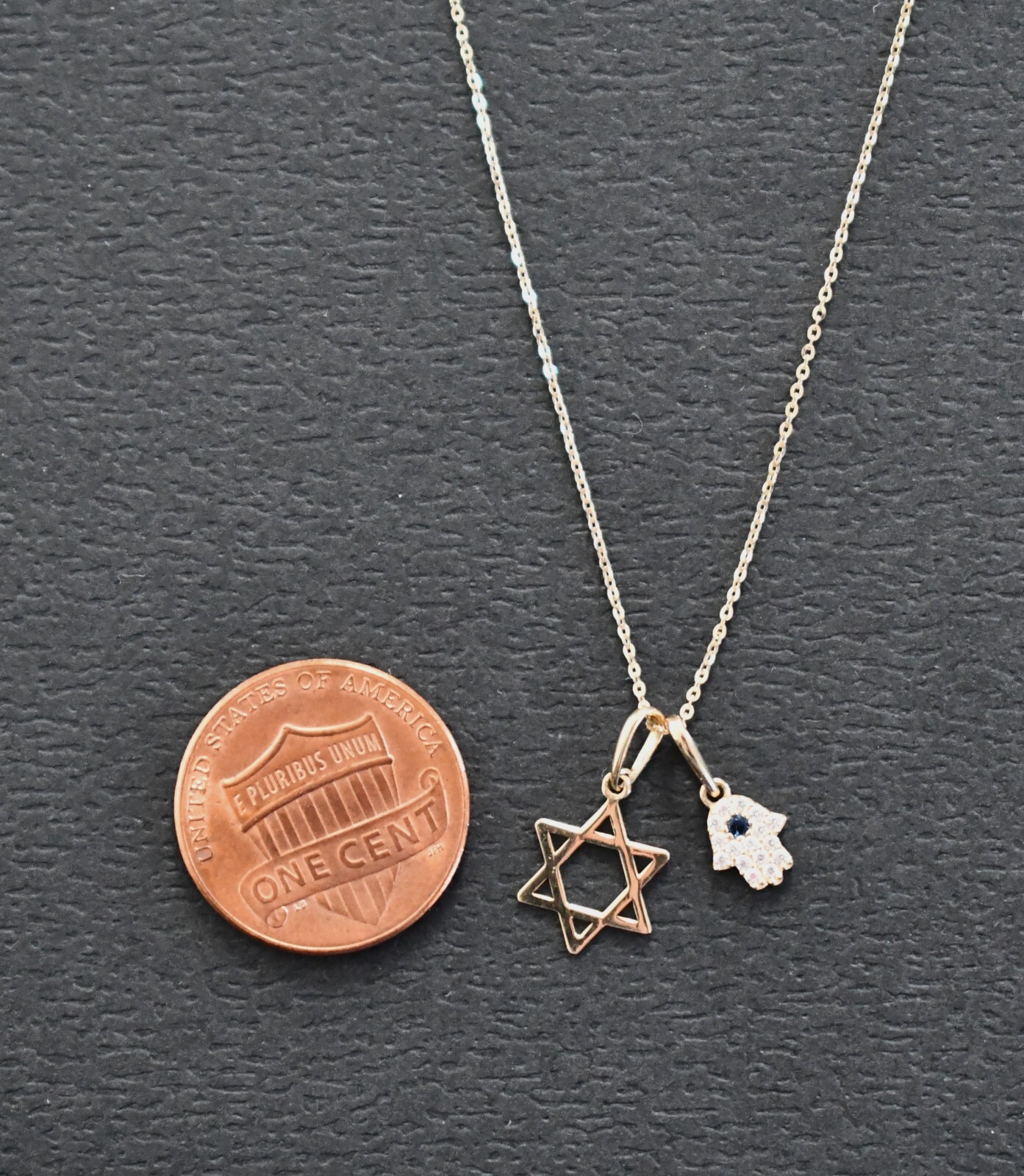 New 14K YELLOW GOLD STAR OF DAVID & HAMSA with CZ Stones Pendant Necklace