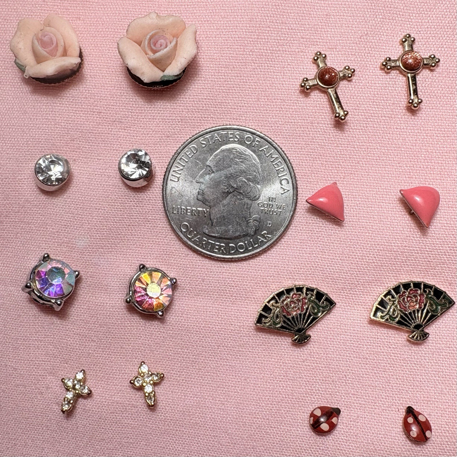 Lot 8 Pair Pierced Earrings Cross Rhinestones AB Cloisonné Post Stud Wearable