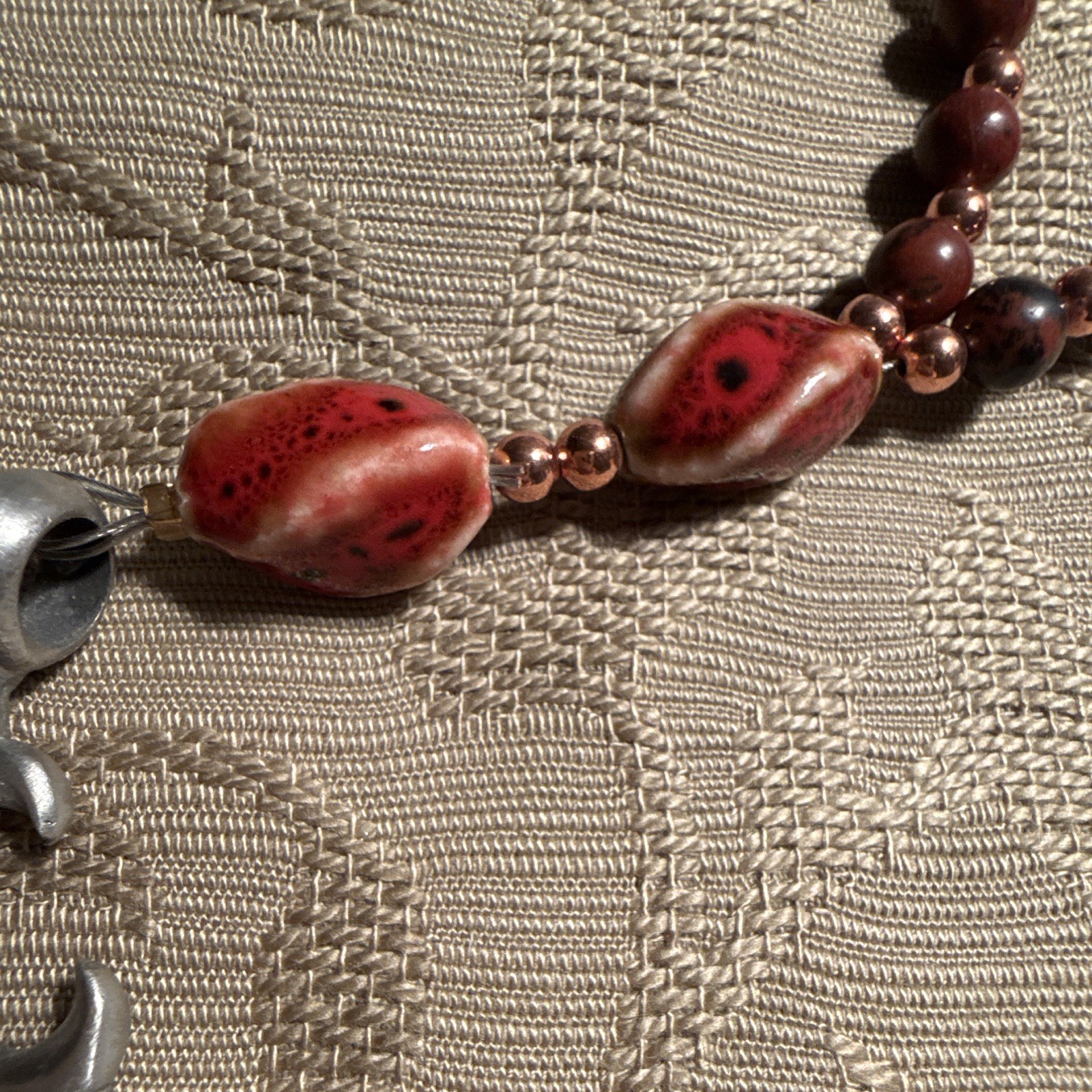 Red Beaded Ball Chain Necklace Silver-Tone Cross Charm Pendant Religious