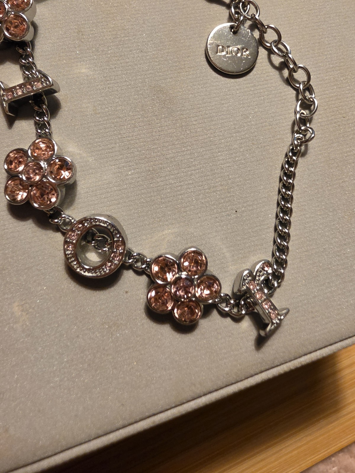 Dior Signed Silver Tone Charm Chain Bracelet Pink Crystal Flower Charms