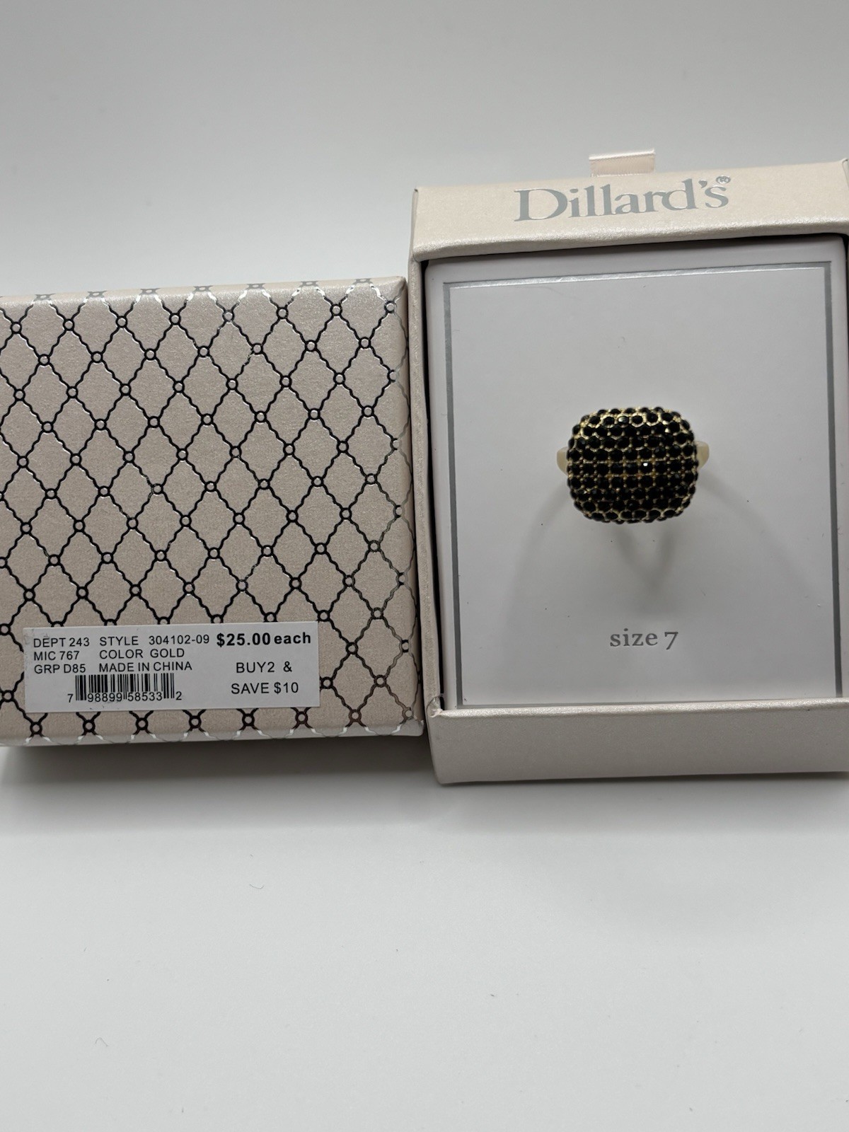 Gold Tone Black Round Crystal Pavé Cushion Dome Cocktail Ring Size 7