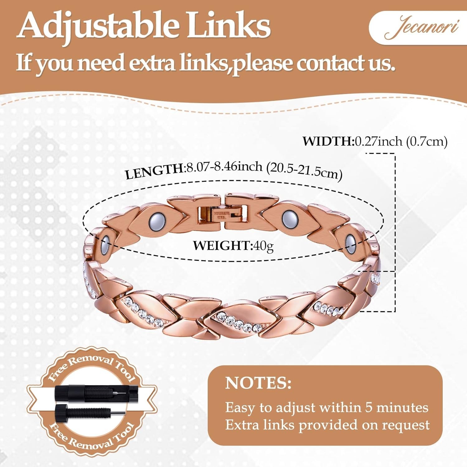 Adjustable Copper Magnetic Bracelet for Women – 99.9% Pure Rose Gold Elegance