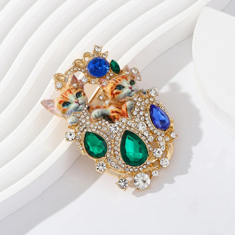 Retro Rhinestone Studded Double Cat Brooch High-end Luxury Women’s Pin Accessory