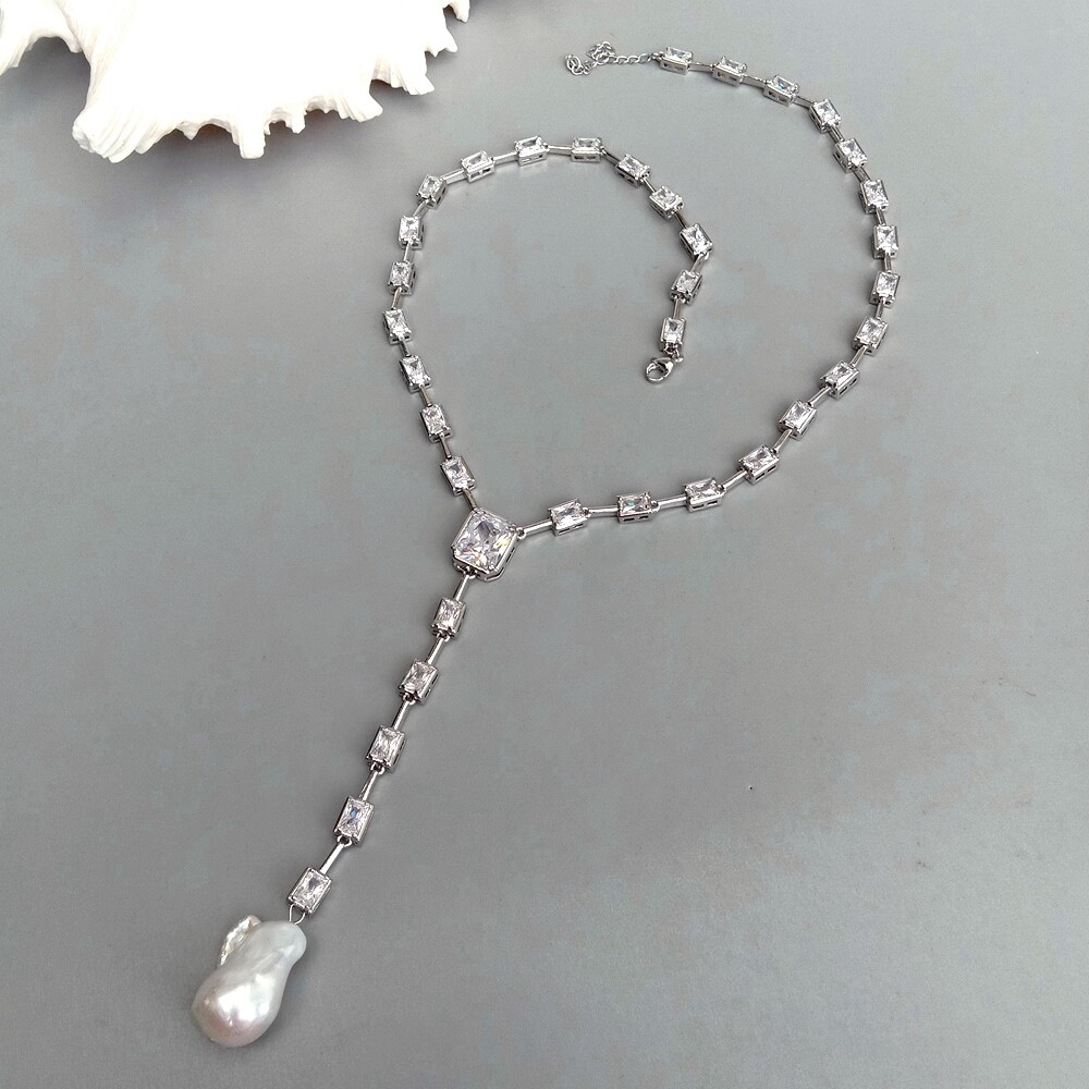 Rectangle Cubic Zirconia White Gold Plated Cultured White Keshi Pearl Necklace