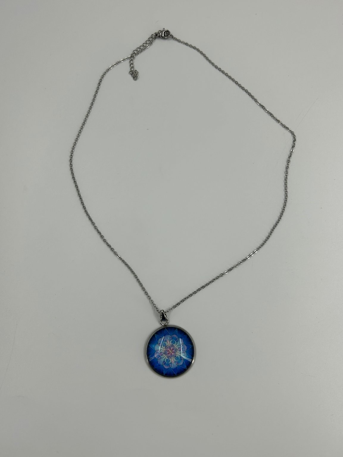 Silver Round Pendant Necklace 18-20 Inch Blue Mandala Design