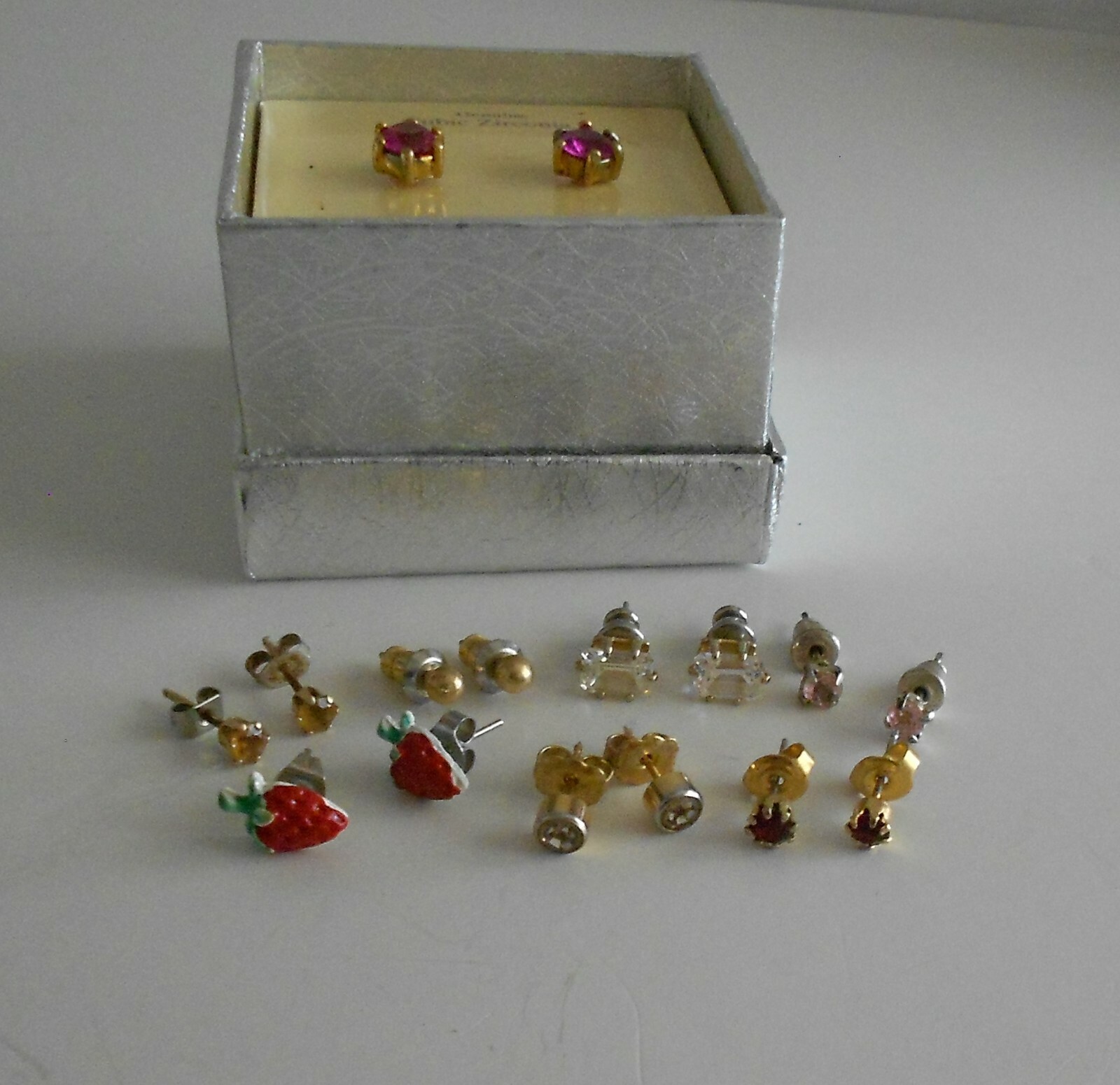 8 Pair Stud Earrings Pink Cubic Zirconia Red Enamel Strawberry