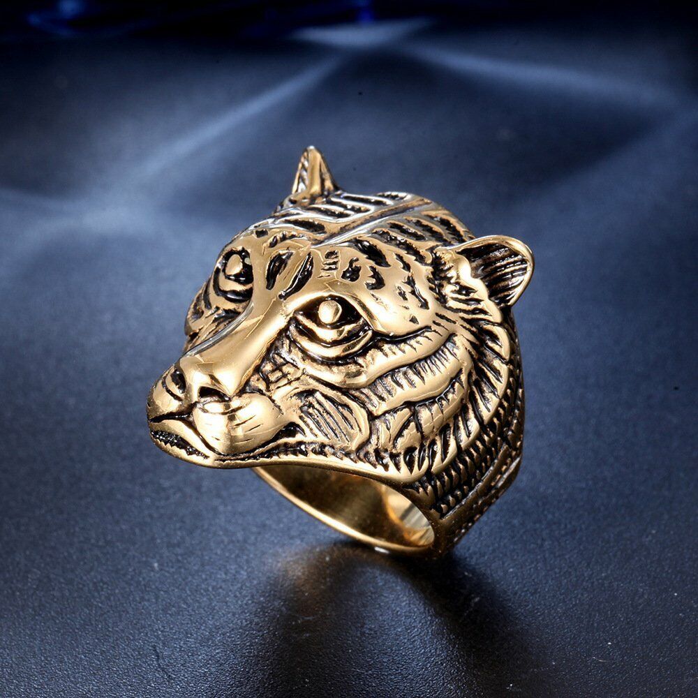MENDEL Gold Plated Mens Animal Tiger Head Ring For Men Stainless Steel Size 7-14