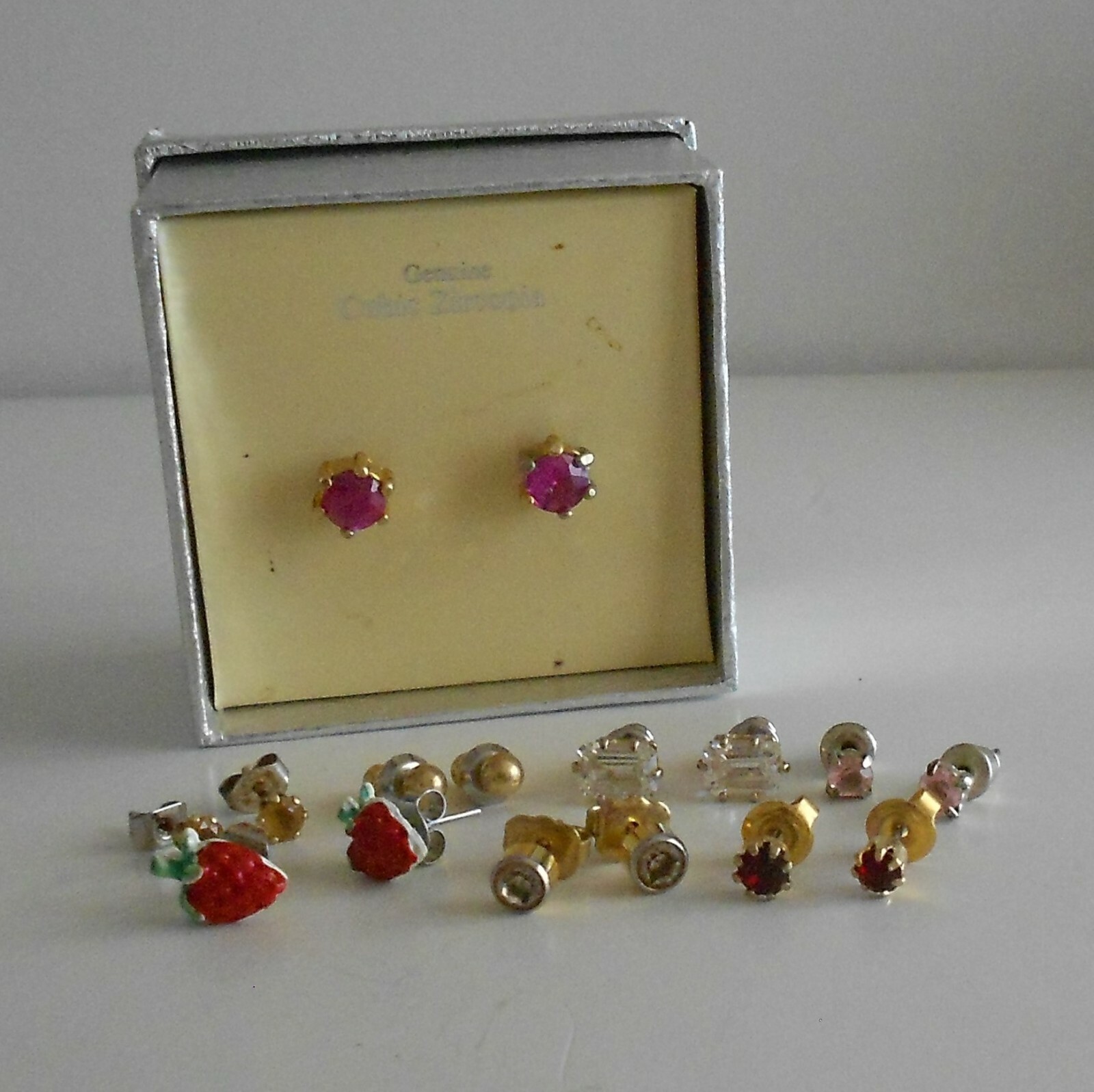 8 Pair Stud Earrings Pink Cubic Zirconia Red Enamel Strawberry