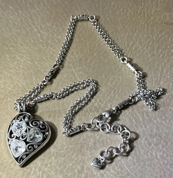 Brighton Silver Tone & Crystal Heart Pendant Necklace 16” – 18”
