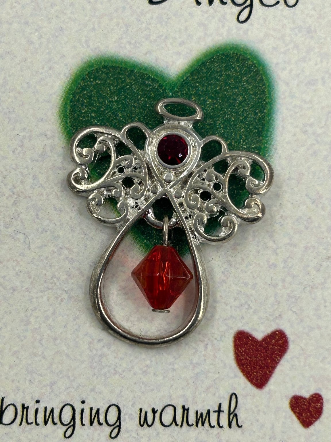 Roman Inc Christmas Angel Brooch 1.5in Silver Red Crystal Pendant