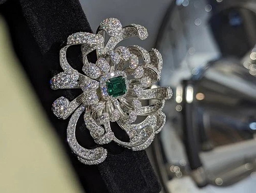 Asscher Cut Lab-Created Emerald Petal Flower Brooch Pin In 14K White Gold Plated
