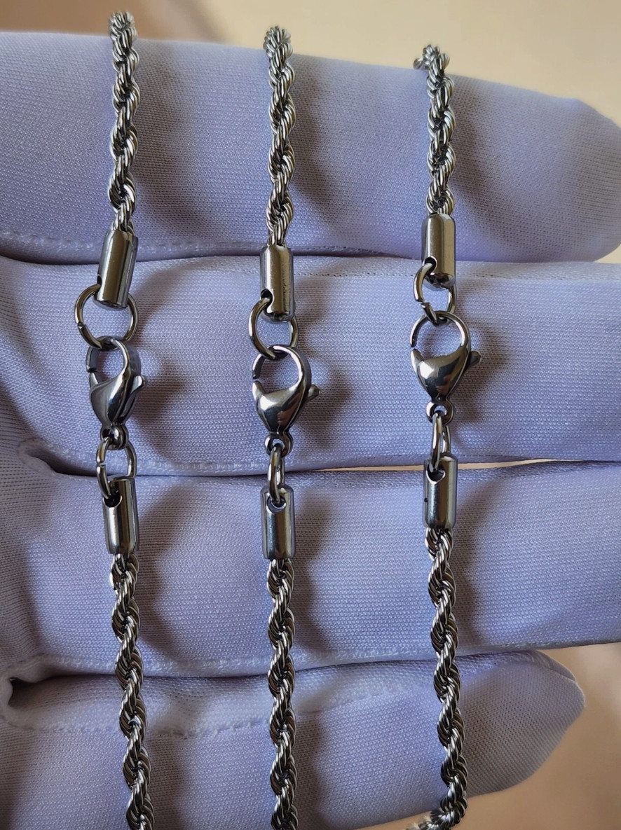 Stainless Steel Silver Plated Rope Chain 3mm Hip Hop Jewelry Unisex, Women, Men