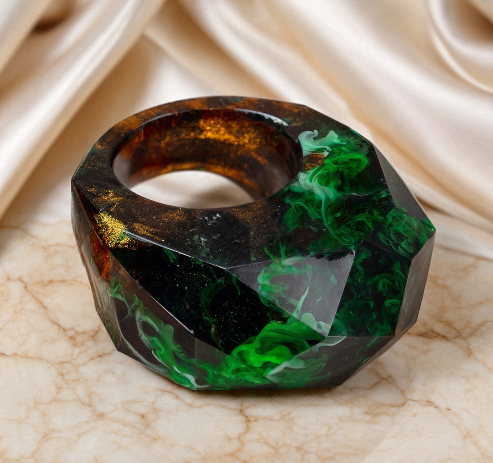 Wood Resin Ring Forest Green Epoxy Landscape Faceted Statement Ring Handmade Ban