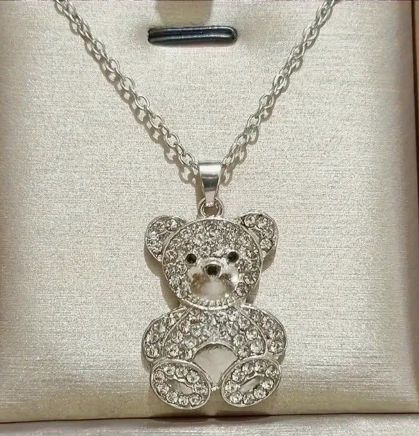 Silver Teddy Bear Clear Rhinestone Pendant Necklace Fashion Fun Jewelry