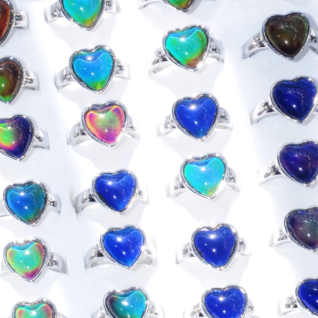 Wholesale 30 Heart Mood Rings Mix Women Silver Plated Change Color Finger Charms