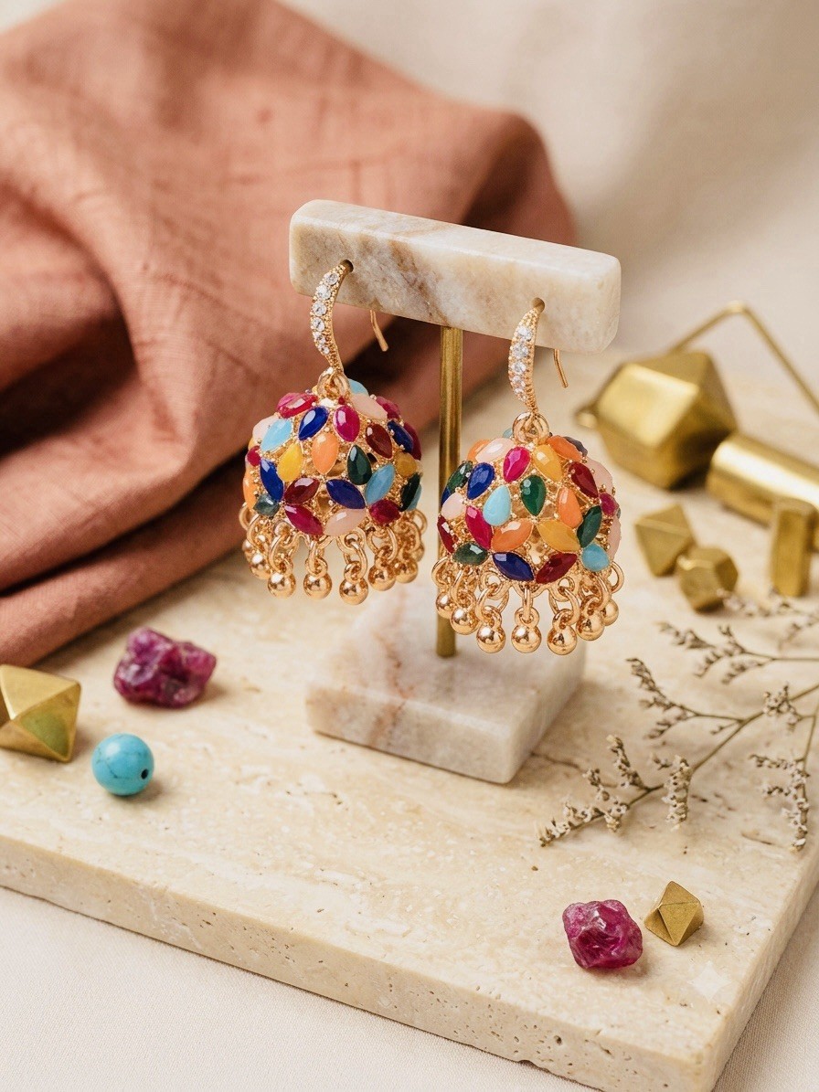Women Jhumka Colorful Stone earrings for women with Tassels Traditional Jewelry