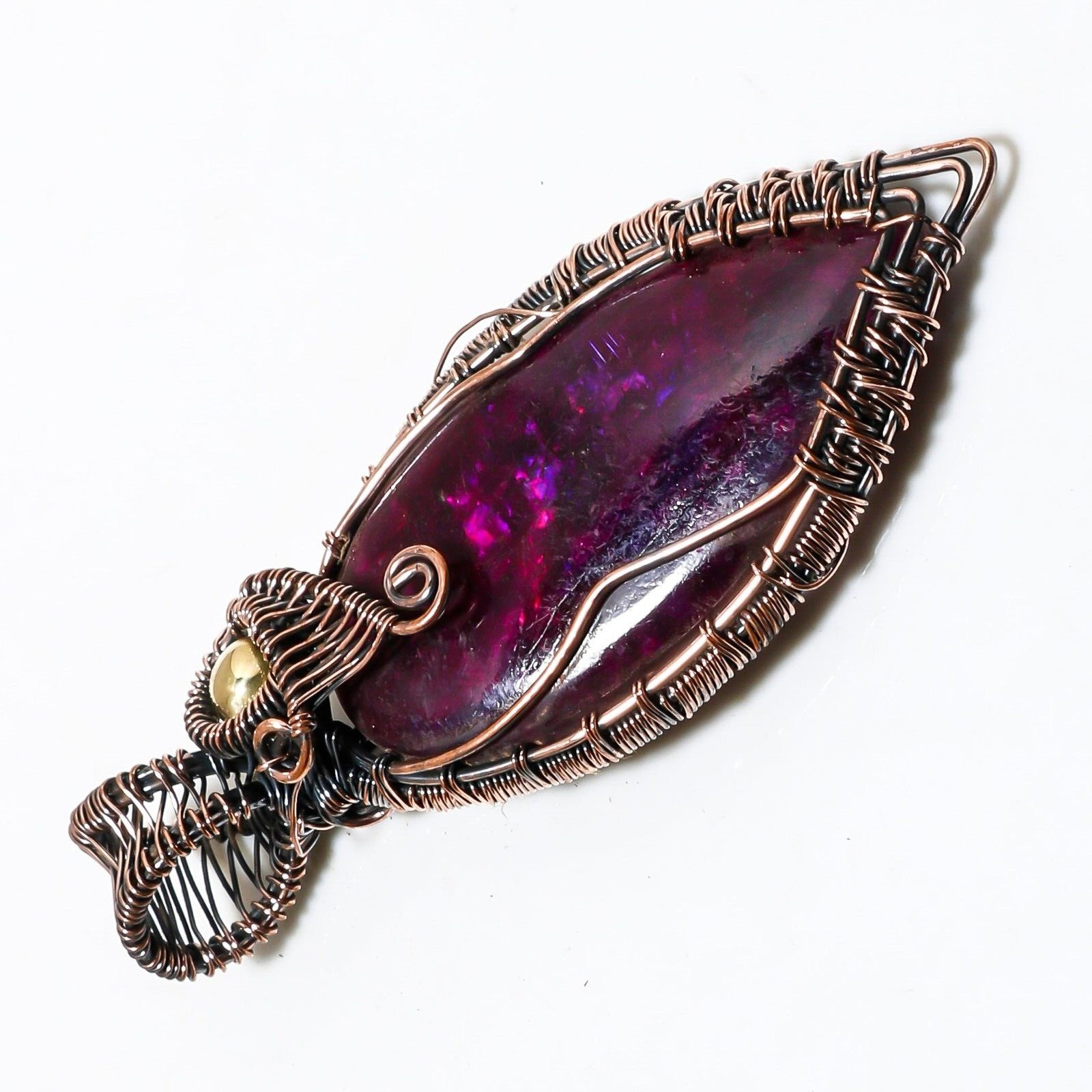 Wire Warp Copper Pink Fire Labradorite Gemstone Pendant Jewelry Size 3 Inches