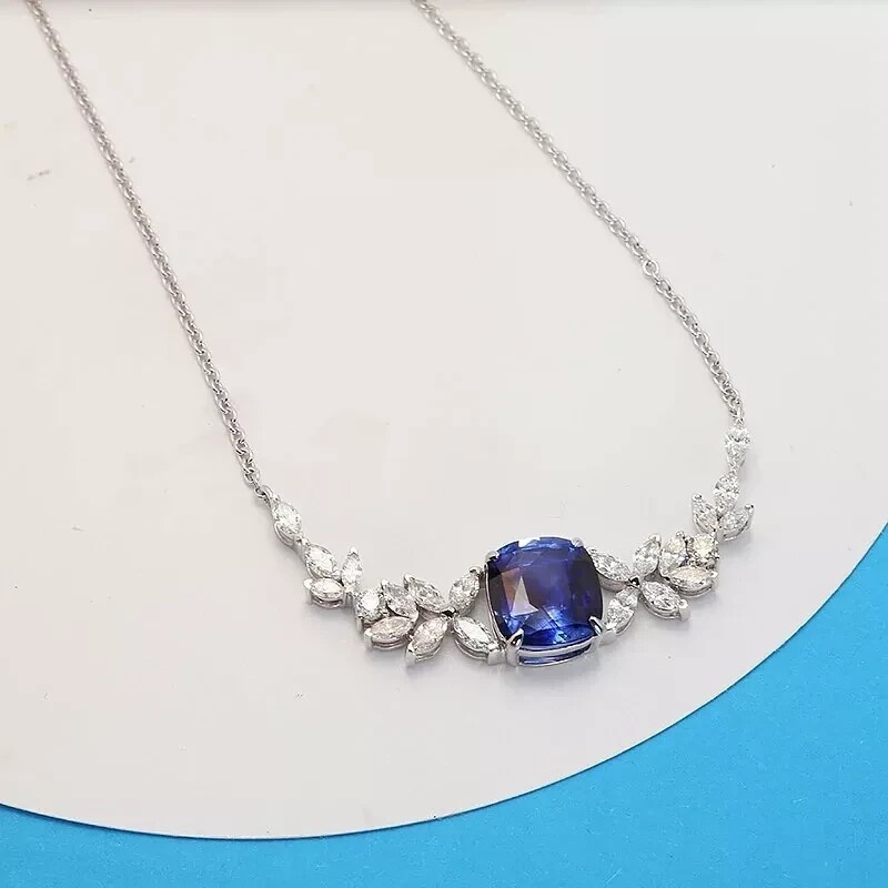 Cushion Cut Simulated Blue Sapphire Women’s Pendant Chain 14k White Gold Plated