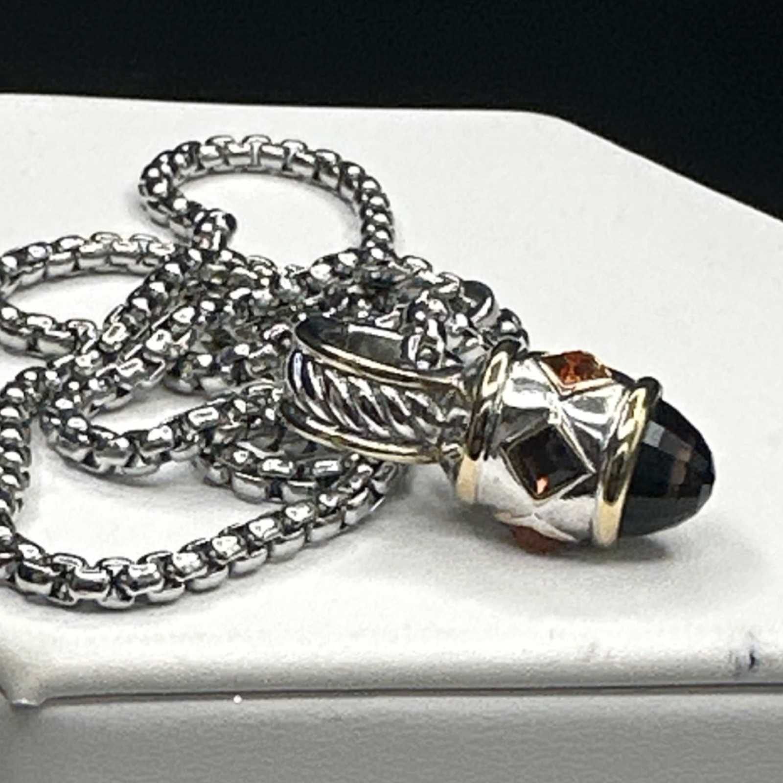 Silver-Gold Tone Chain Charm Bracelet Metal Adjustable with Black Cushion Stone