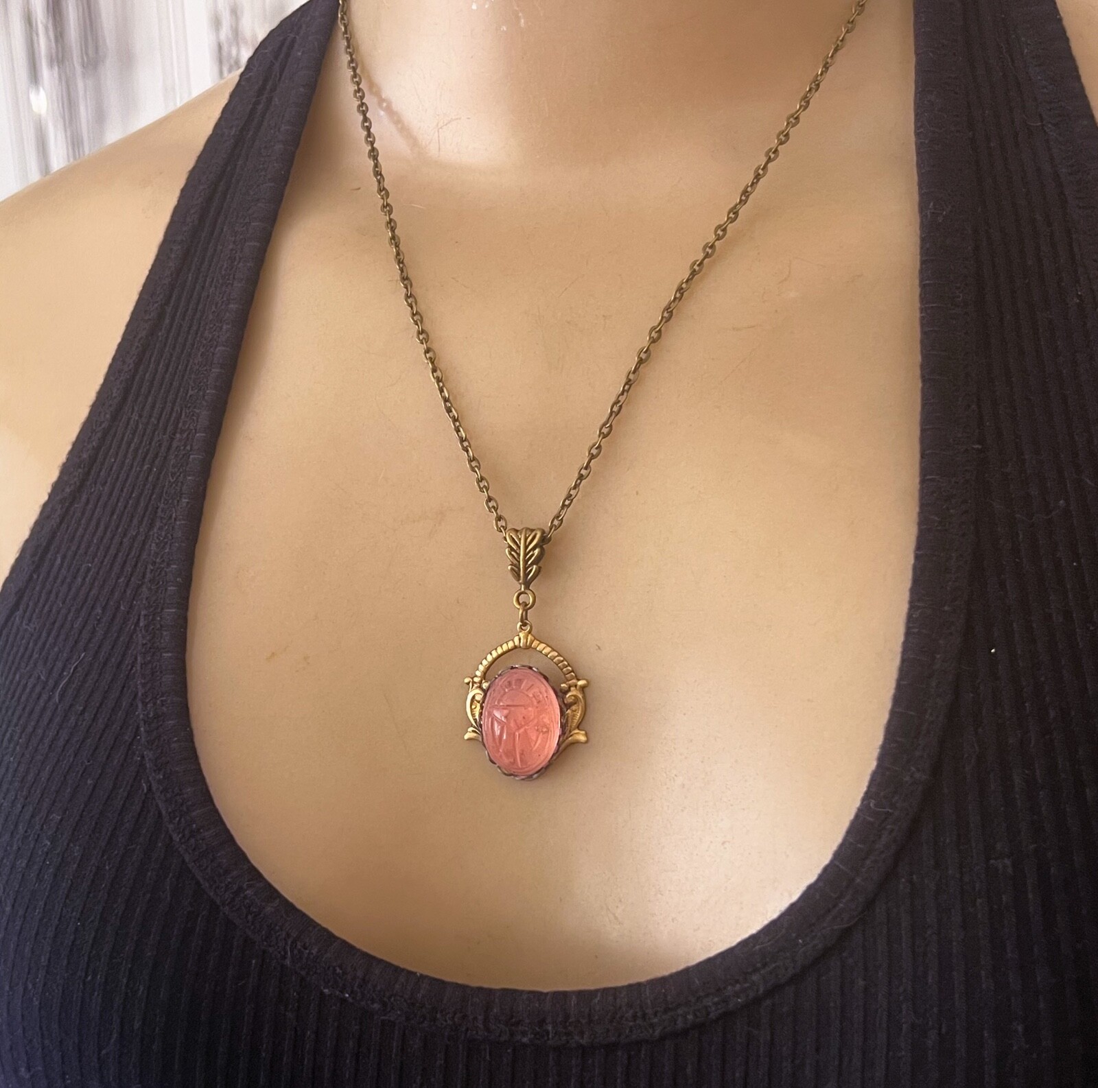 Egyptian Revival Necklace Scarab Pink Czech Glass Brass Filigree Pendant