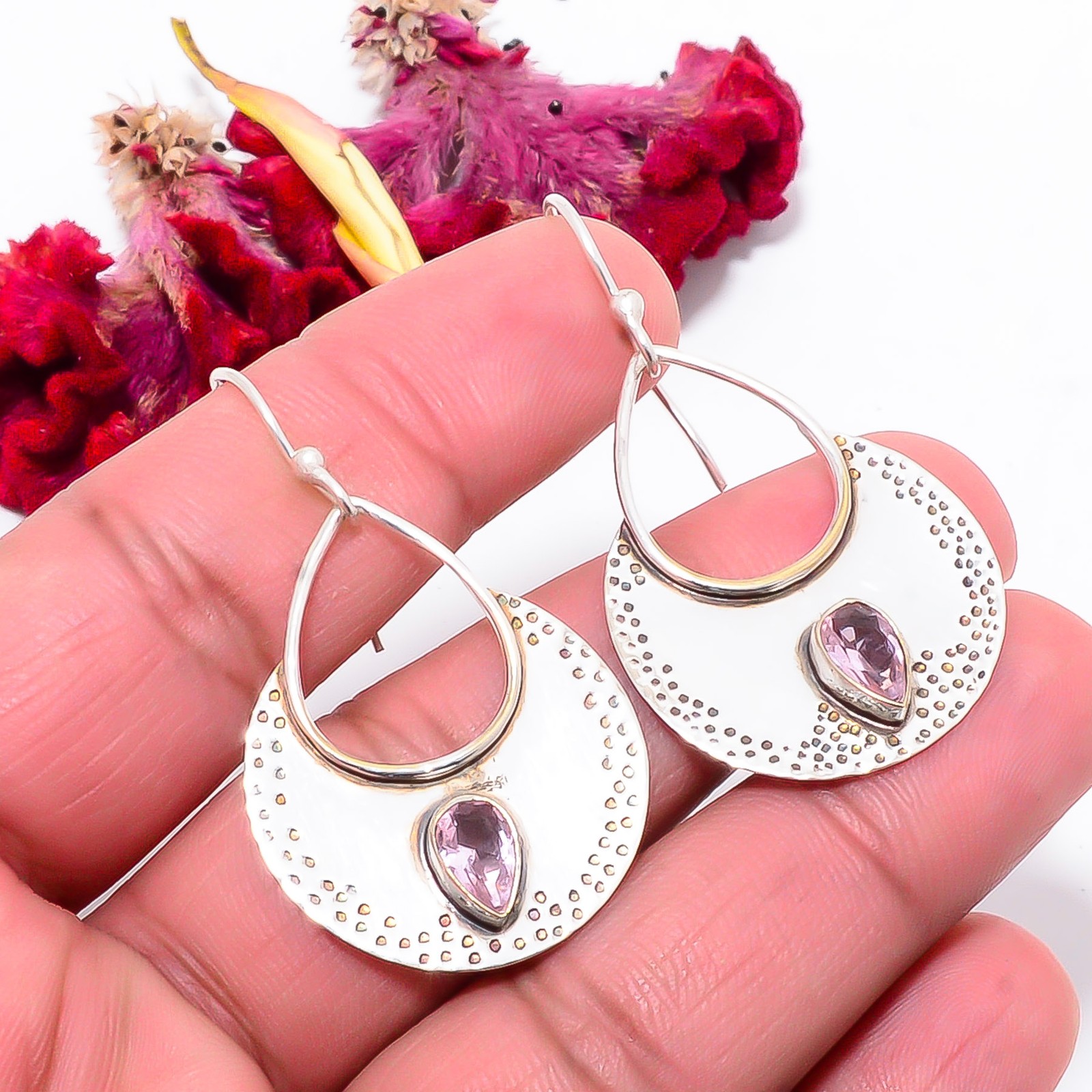 Pink Kunzite Gemstone Designer Handmade 925 Sterling Silver Earring 1.87″ Sku59