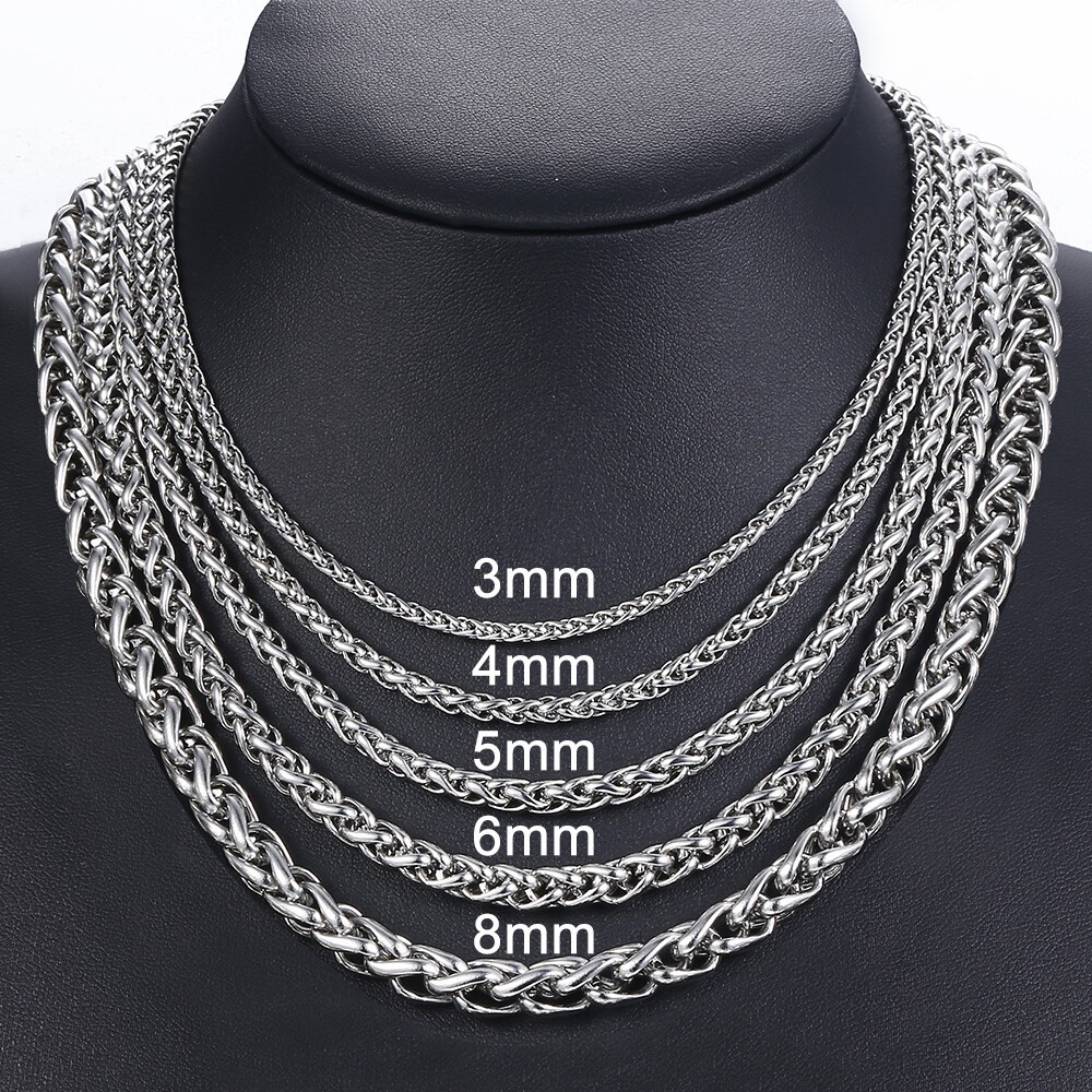 3mm-20in Braided Wheat Chain Silver 316L Stainless Steel Men Women Necklace
