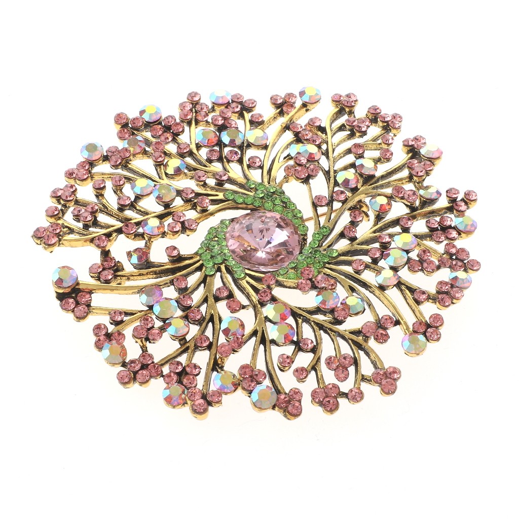 Antique Gold Tone Alloy Metal Extra Large Crystal Flower Brooch P1513-PNG