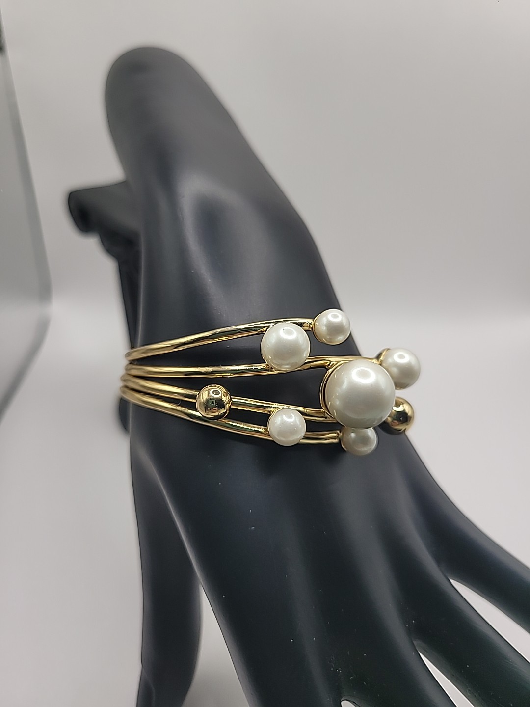 Gold Tone Faux Pearl Cuff Bracelet Multi Strand Open Bangle Statement Elegant
