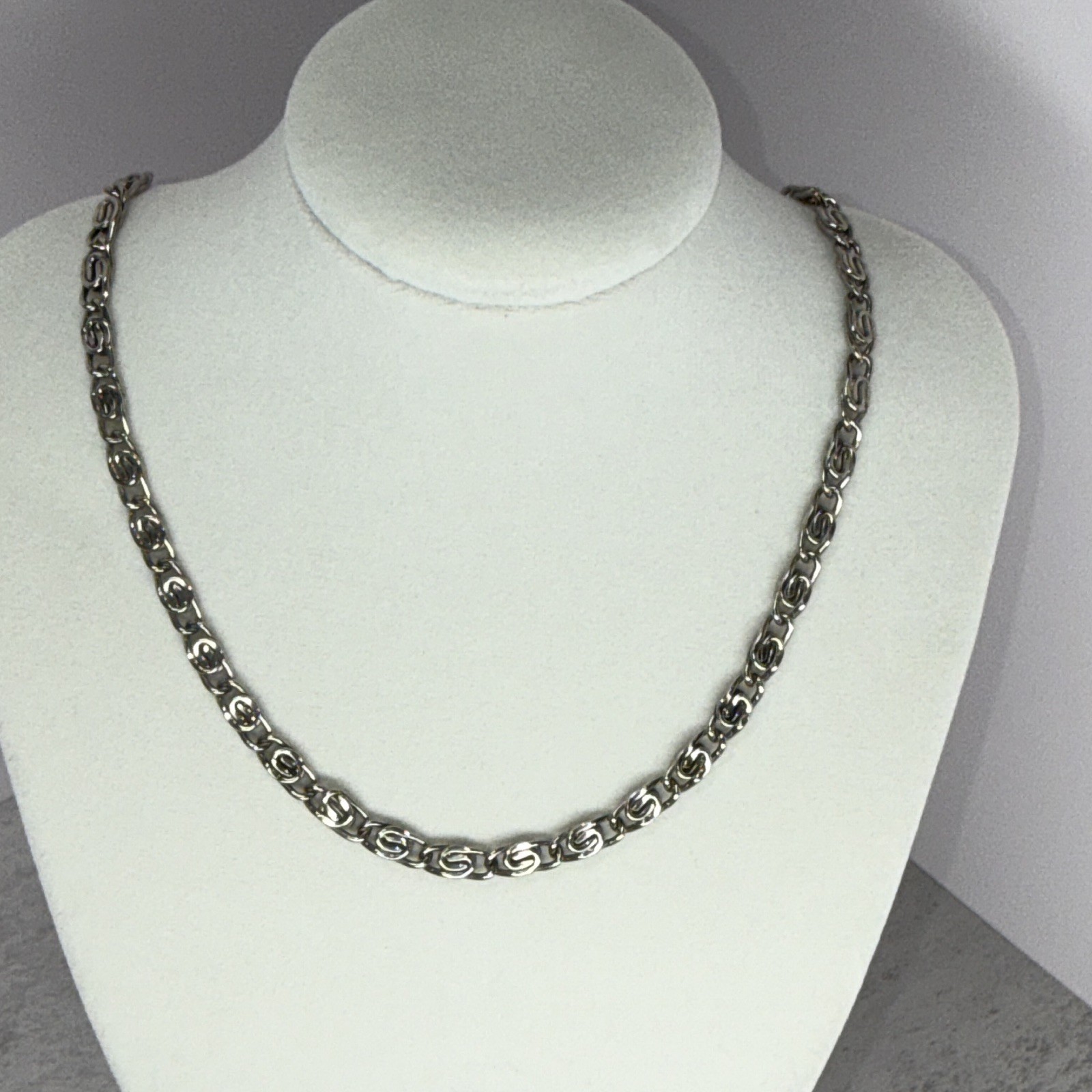 Silver Tone Metal Chain Necklace, Byzantine Chain Link Style, No Gemstones
