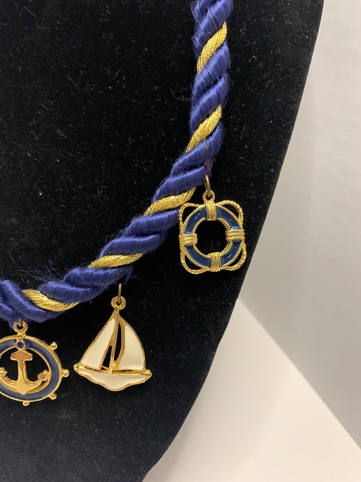 Nautical Navy & Gold Rope Collar Necklace w/ Sailboat & Anchor