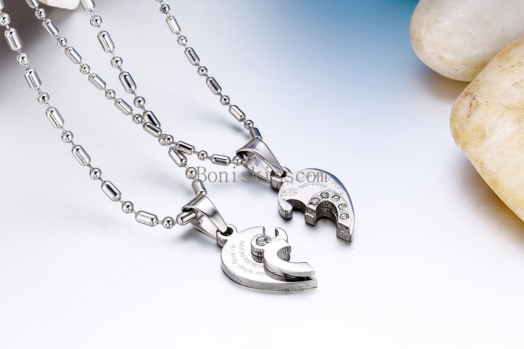 His and Hers Stainless Steel Couple Heart Love Promise Pendant Necklaces 2pcs