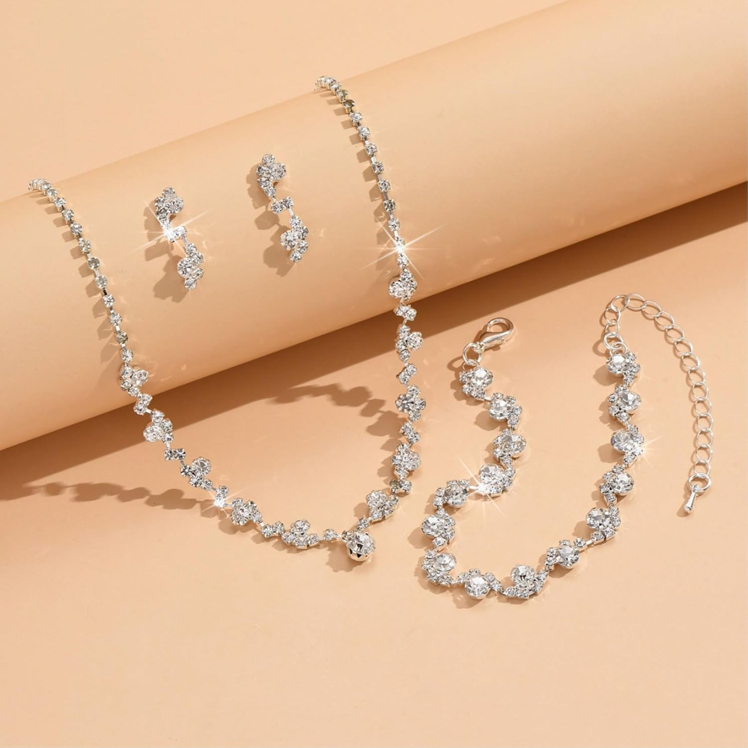 3PCS Silver Wedding Jewelry Set for Women Brides Rhinestone Necklace Earrings Br