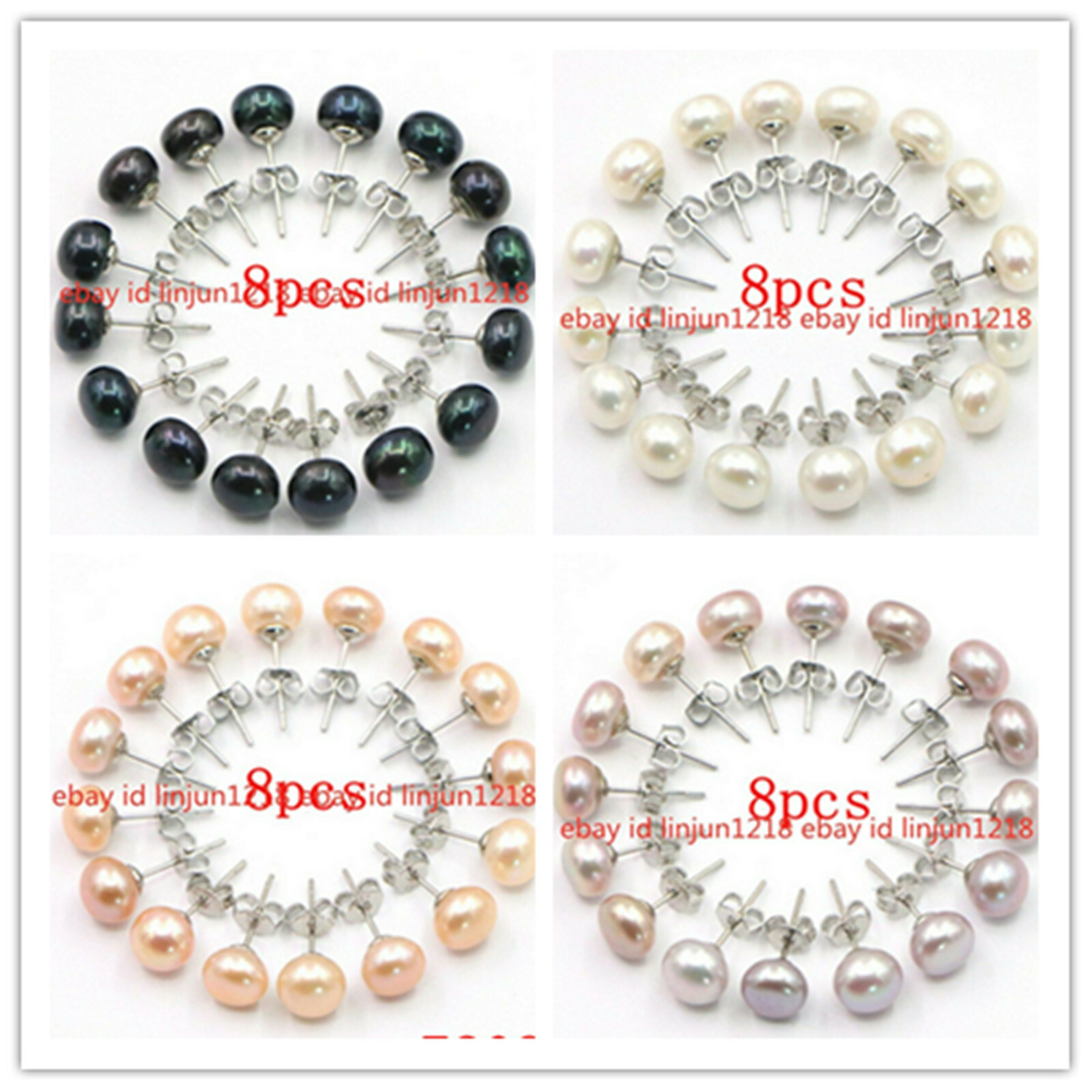 Lot 8 Pair 7-8mm White Pink Purple Black 925 Sterling Silver Stud Pearl Earrings