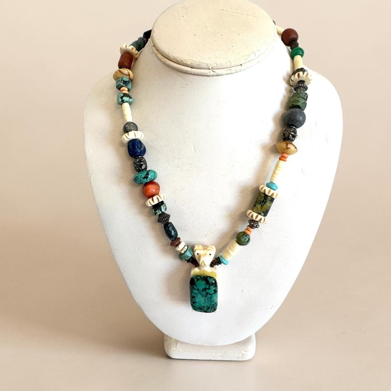 Handmade Beaded Bear Fetish Necklace Turquoise Lapis Bone Stone Southwestern