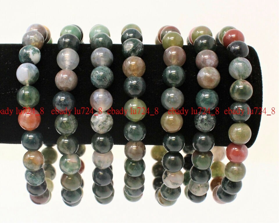 Exquisite Indian Agate 8mm Gemstone Round Beads Stretch Bracelet 7-9” Strand