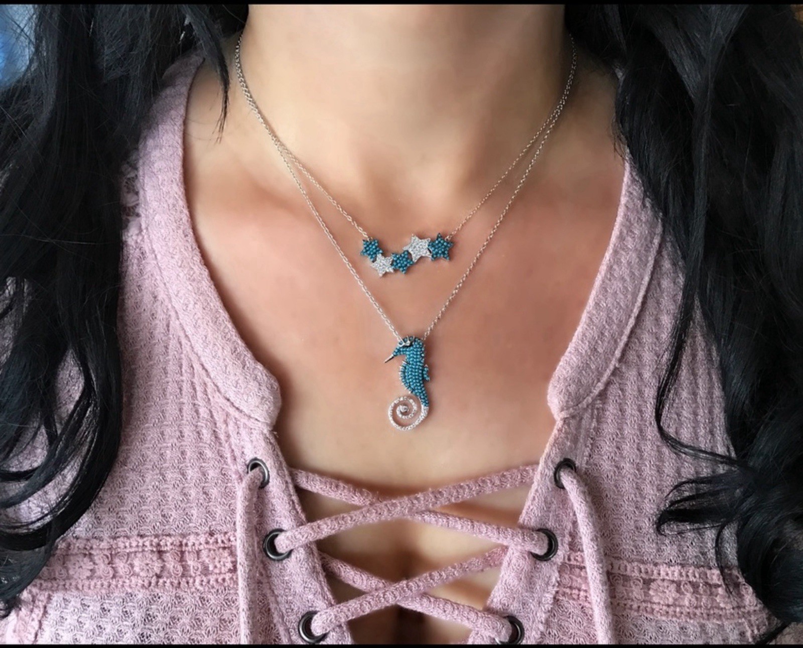 Pave Turquoise CZ Sterling Silver Star Necklace