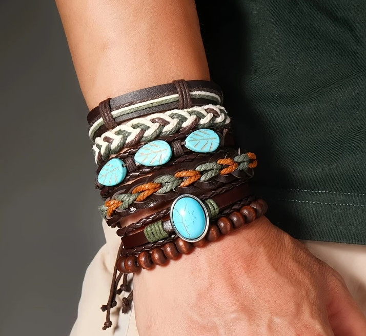47Pcs Boho Faux Leather Bracelet Set Western Charm Wrap Stackable Men Women Lot