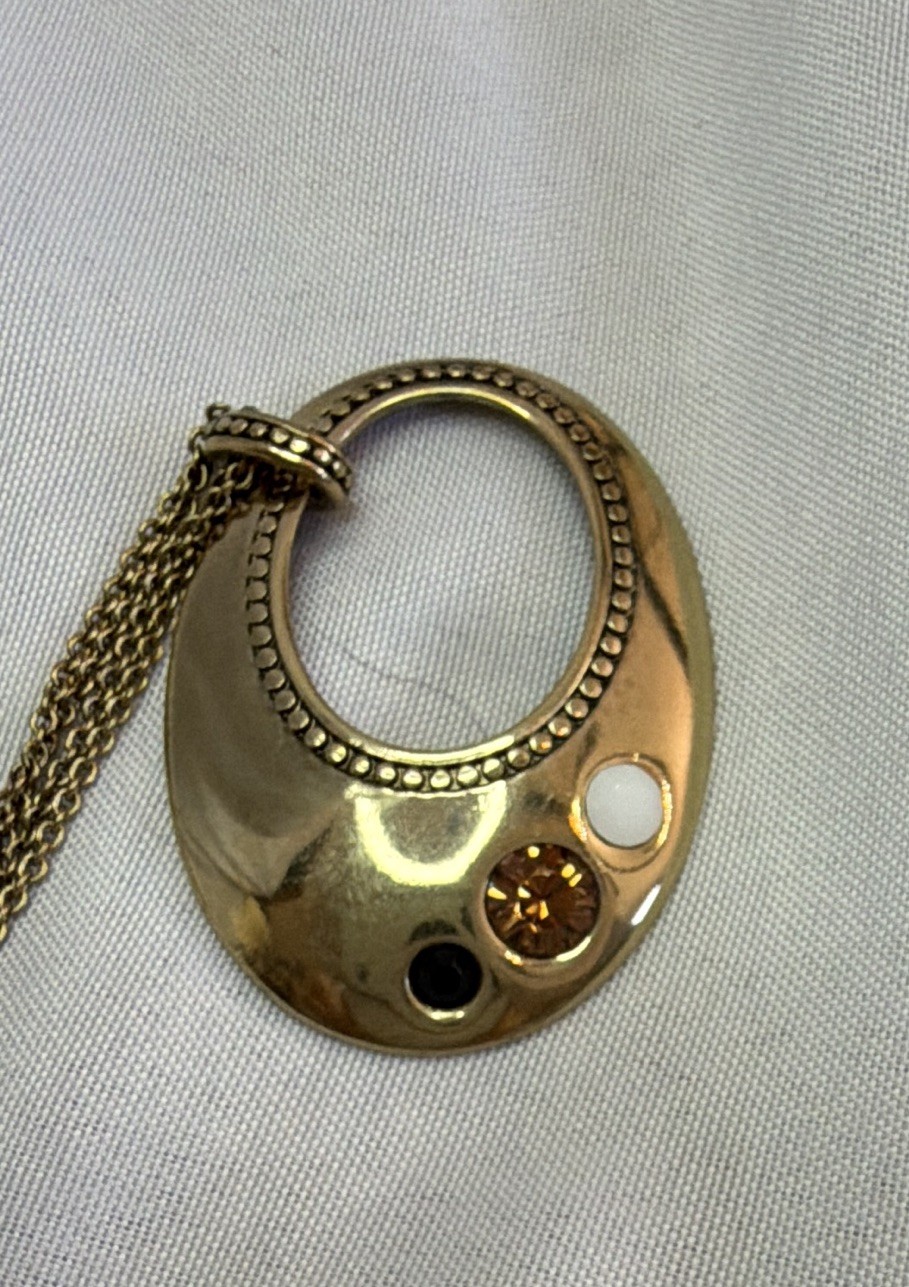 Lia Sophia Gold Tone Circle Pendant Necklace with Rhinestone Accents Long Chain