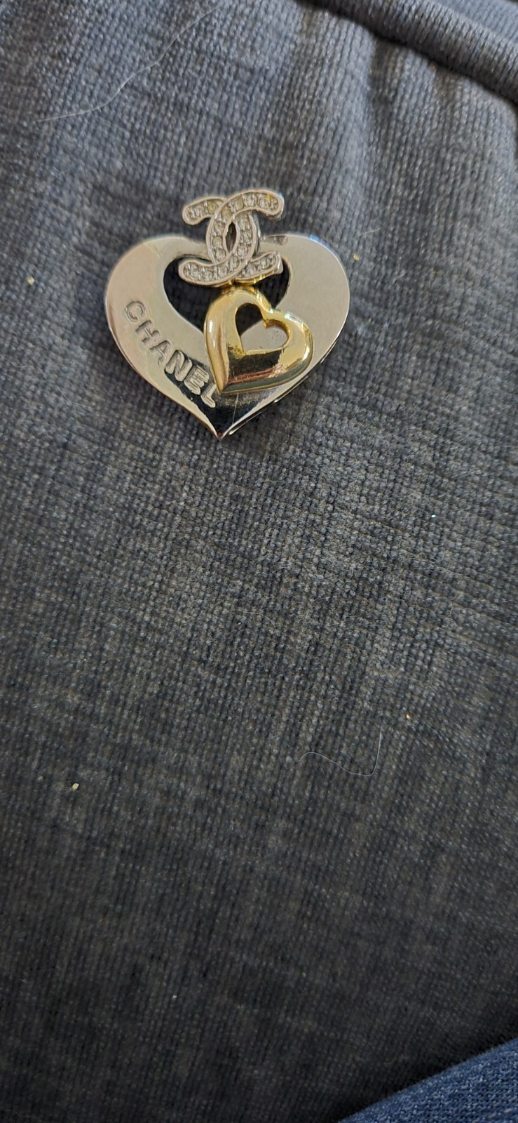 CHANEL Signed Heart Logo Charm Pendant Silver & Gold Tone Pavé Clear