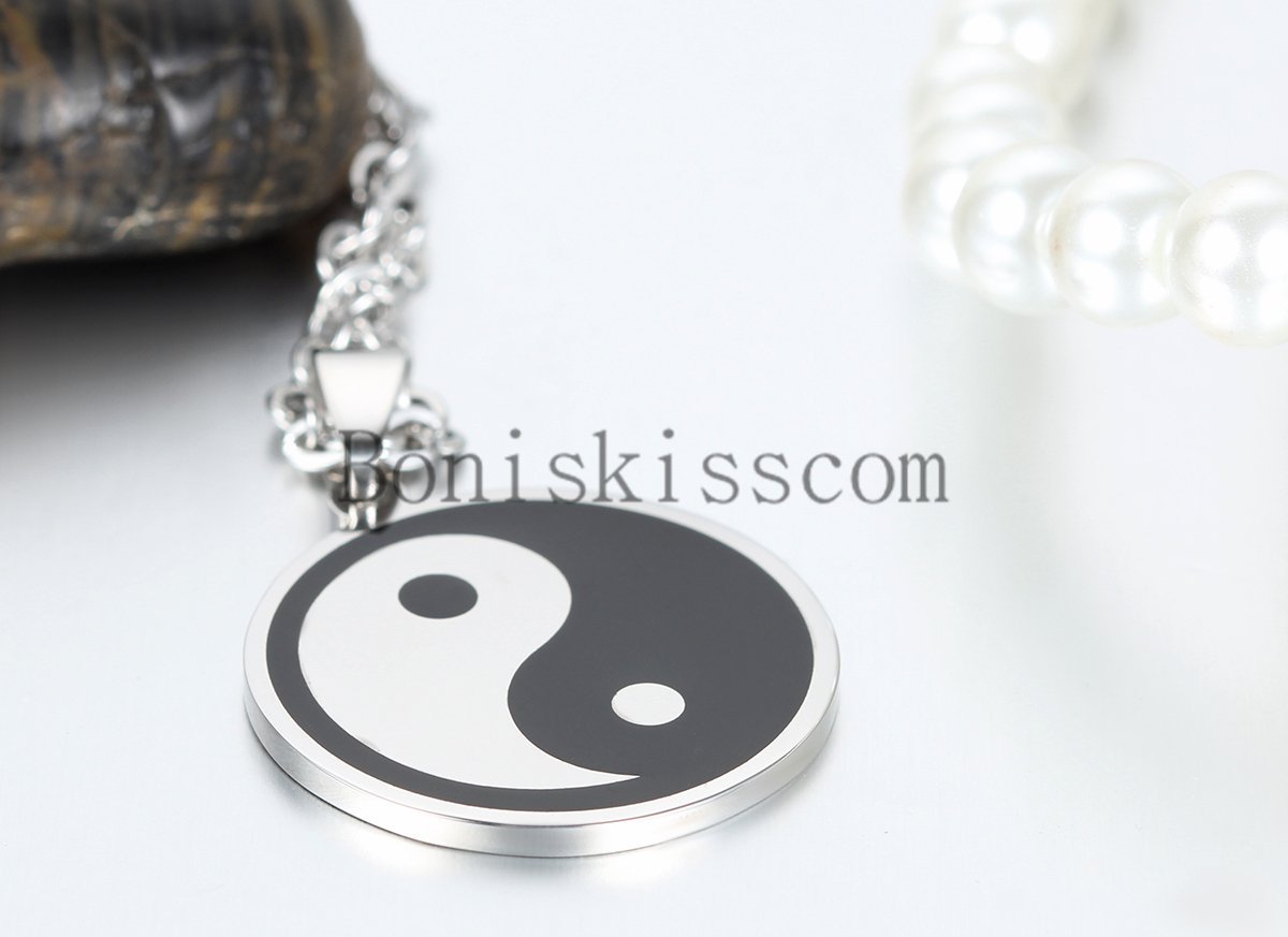 Black Silver Charm Ying Yang Taiji Bagua Stainless Steel Couple Pendant Necklace