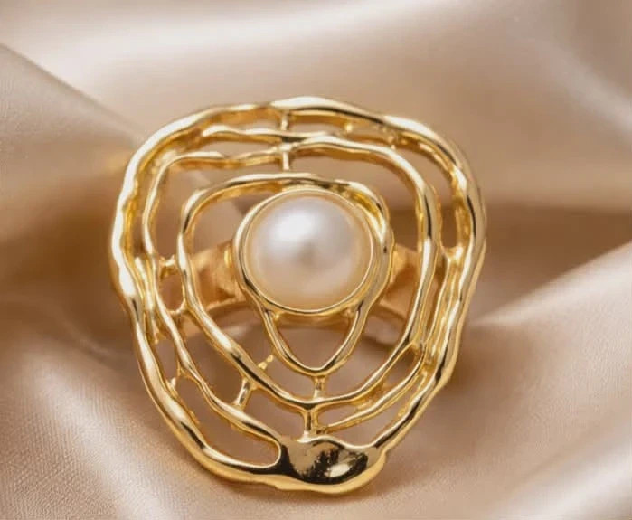 KC Gold Plated White Pearl Adjustable Ring Beauty Gift