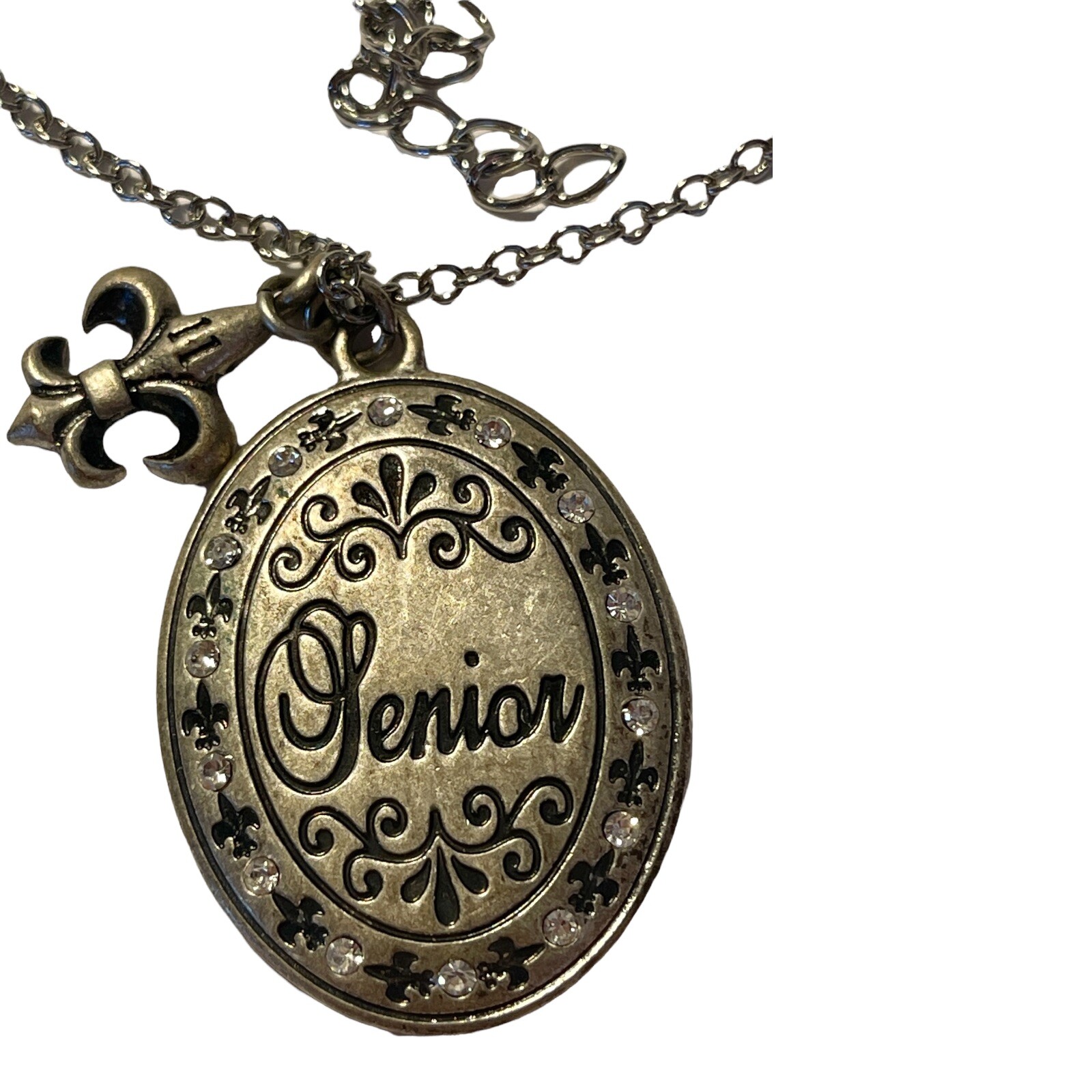 JOSTENS SENIOR Rhinestone Crystal Accents Antiqued Silver Tone Pendant Necklace!