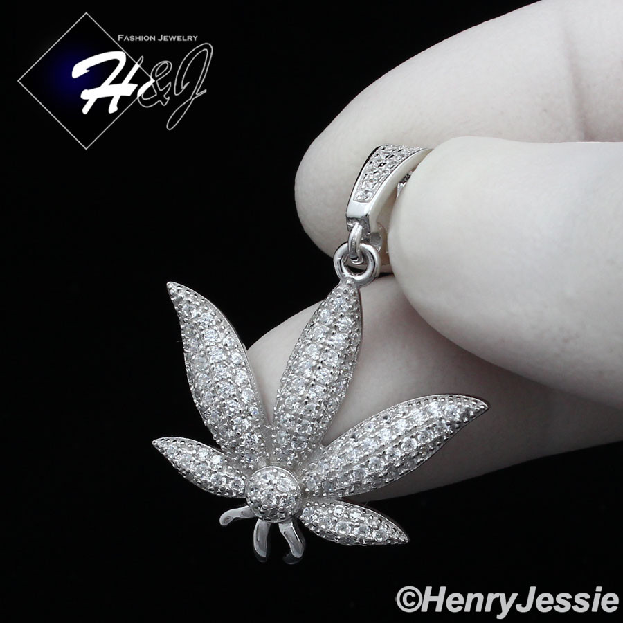 20″MEN 925 STERLING SILVER 2MM BEADED CHAIN CUBIC ZIRCONIA 3D LEAF PENDANT*SP173