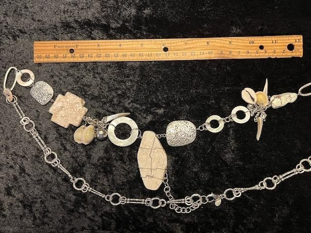 Vintage Signed CHICO’S Stone, Metal, Shell Beads w/Metal Chain 36″ Asymmetrical