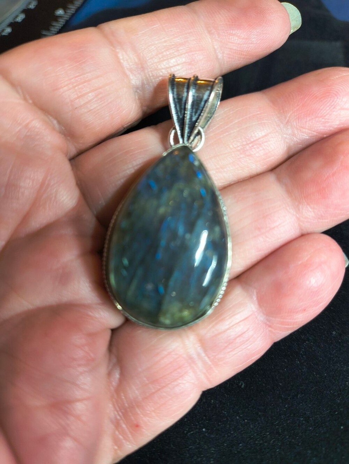 925 Sterling Silver Labradorite Statement Pendant Large Blue Flash Artisan Boho