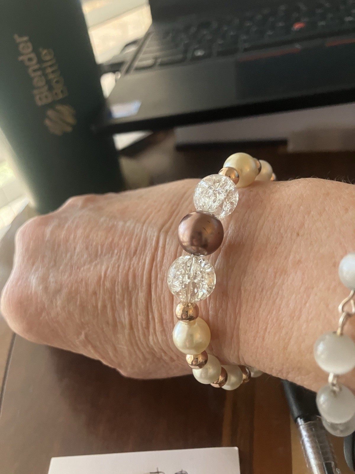 Vintage Upcycled glass pearl and rose gold plated memory wire bracelet