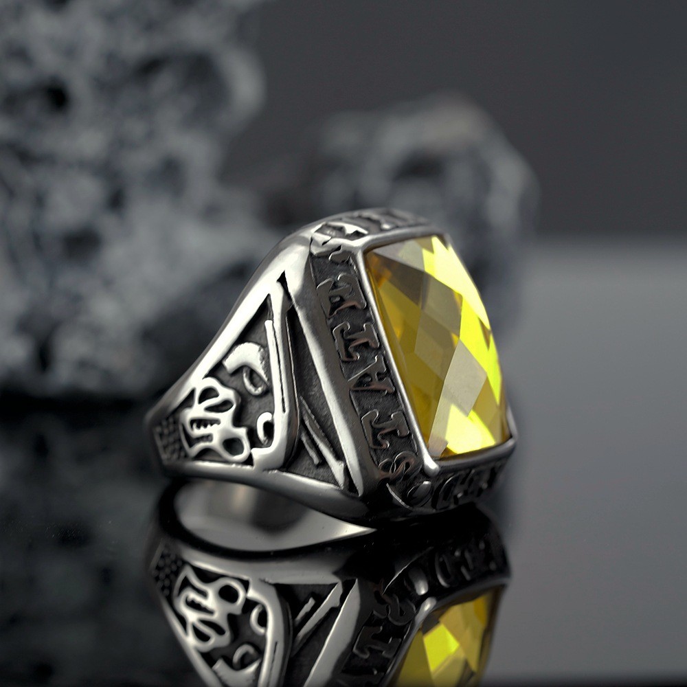 United States Navy Ring Hip-Hop Stainless Steel Double Gun Yellow Gemstone Ring