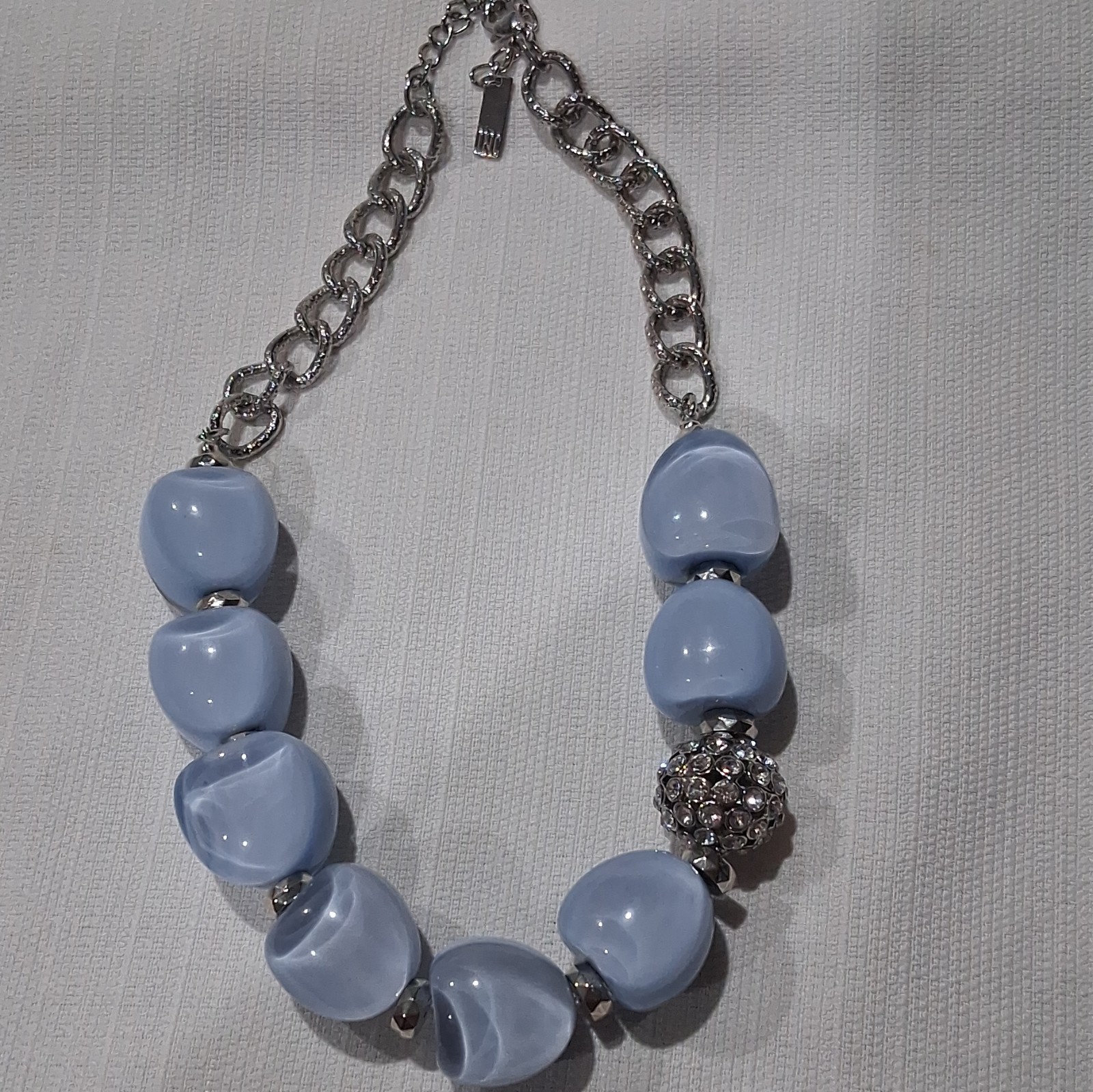 J.Crew Blue Glass Bead Necklace Silver Tone Cable Chain Pavé Adjustable Lobster
