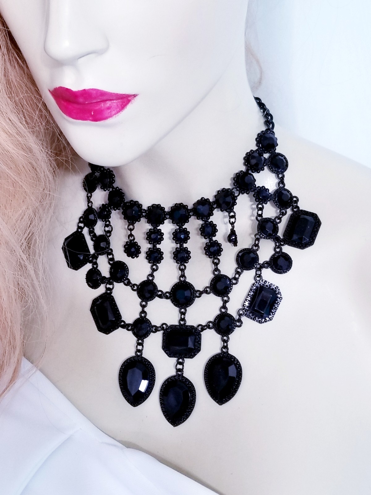 Black Statement Choker Rhinestone Resin Necklace Bridal Prom Pageant Gothic